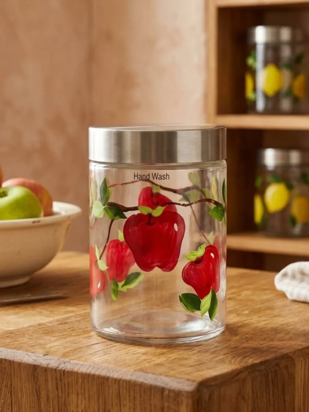 Vintage 1970s Clear Glass Kitchen Storage Canister Jar with Red Apples